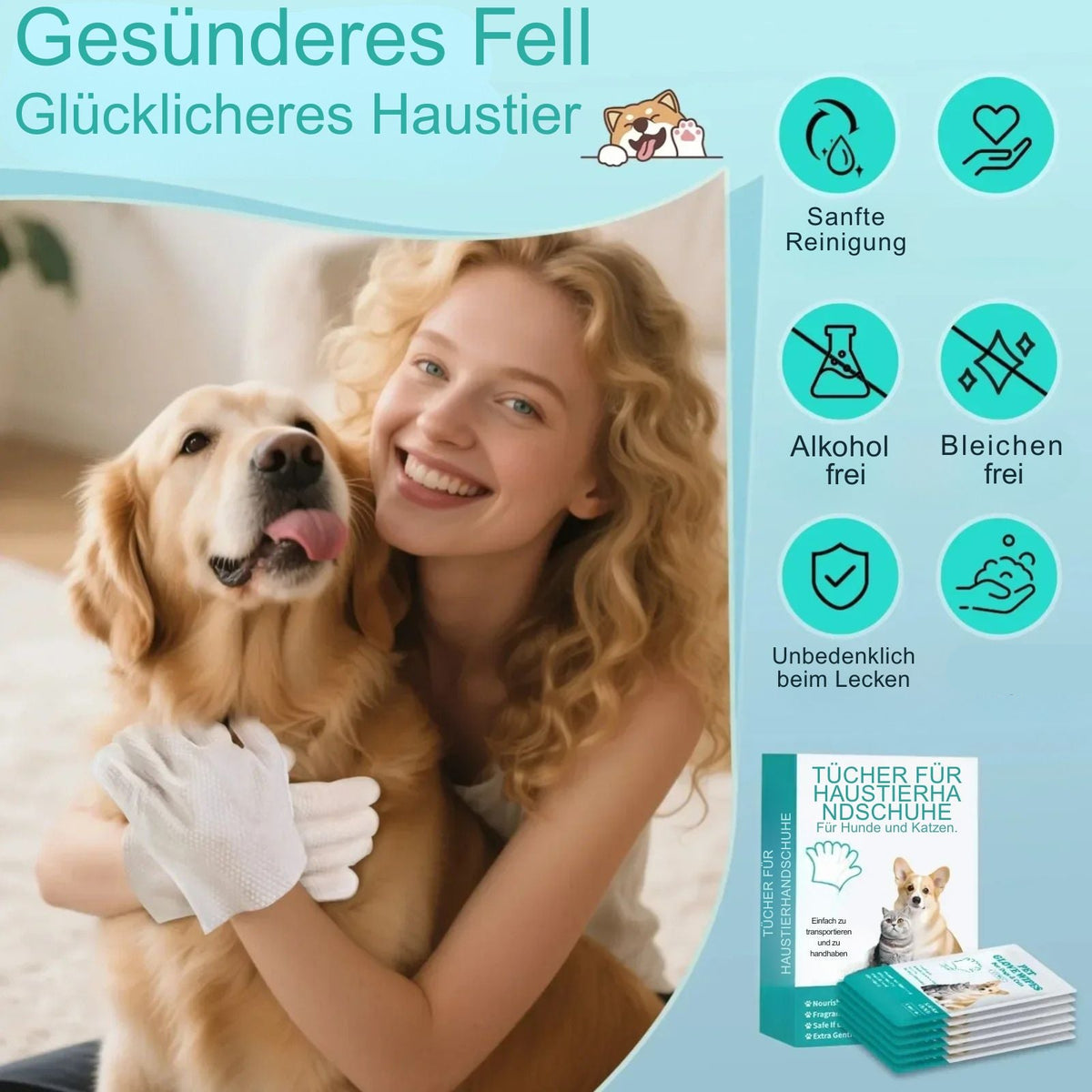 PfotenFrisch - Fellpflege Handschuhe ohne Ausspülen (6Stück Set)