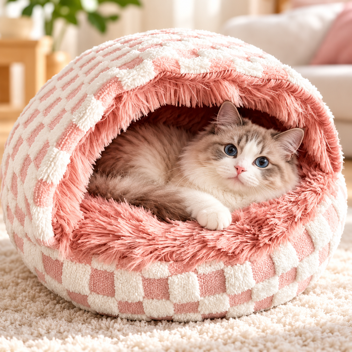 MuschelNest – Plüsch-Katzenhöhle mit Dach 🐱☁️