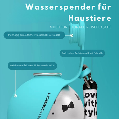 HydraPaw 2-in-1 Edelstahl Haustier-Wasserflasche mit Napf | Auslaufsicherer tragbarer Hunde-Reisebehälter
