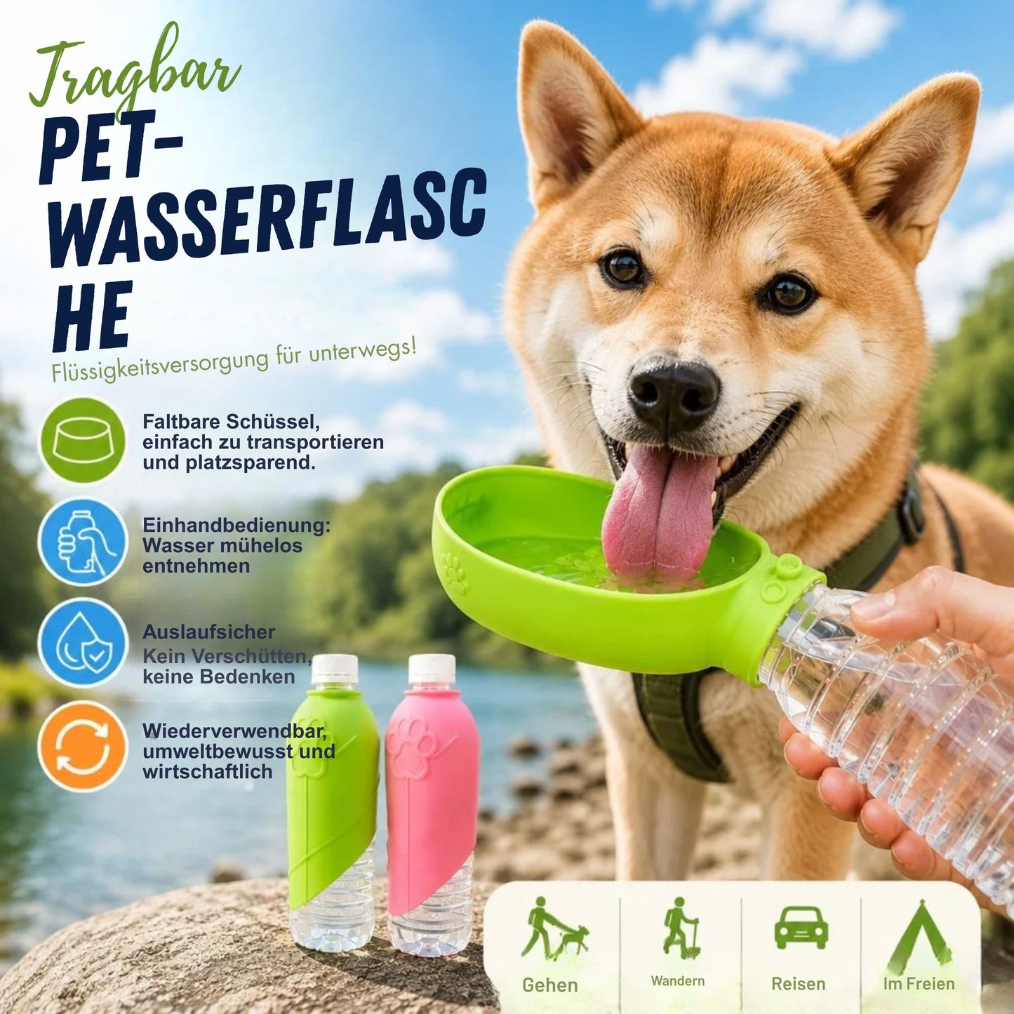 Tragbare Trinkflaschen-Halterung mit Faltbarem Trinknapf