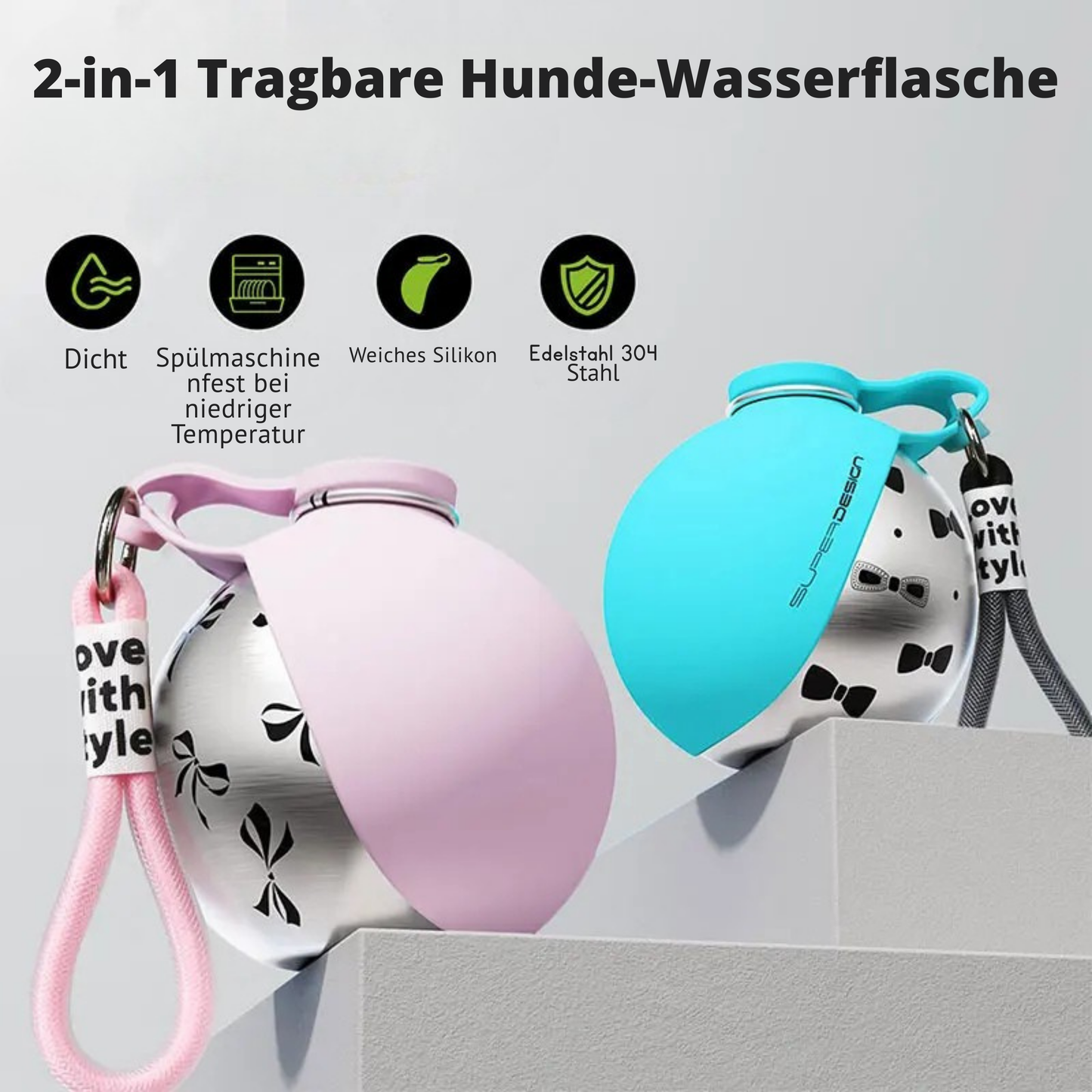 HydraPaw 2-in-1 Edelstahl Haustier-Wasserflasche mit Napf | Auslaufsicherer tragbarer Hunde-Reisebehälter