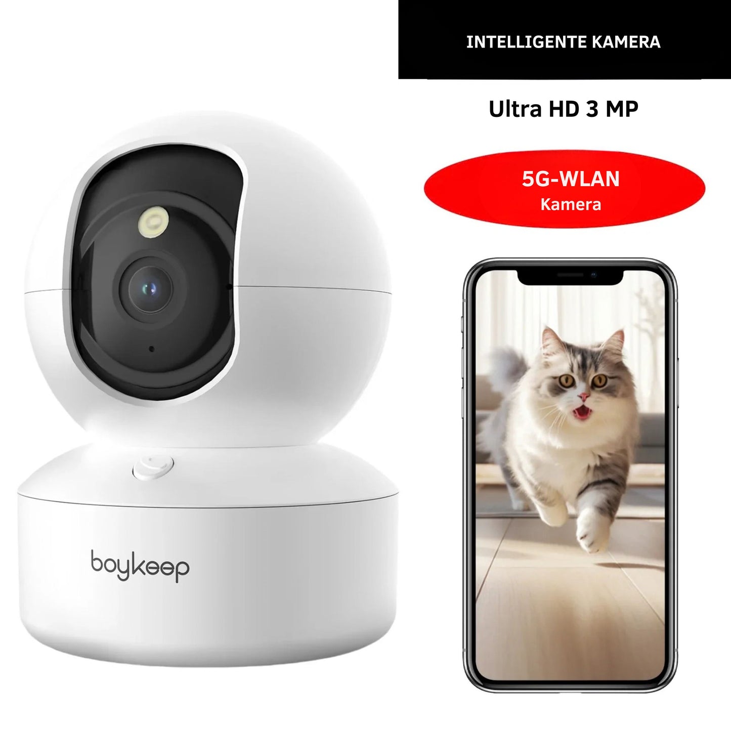 Boykeep 2K Smart Haustierkamera mit App-Steuerung | 360° Indoor Hund- & Baby-Monitor mit Nachtsicht