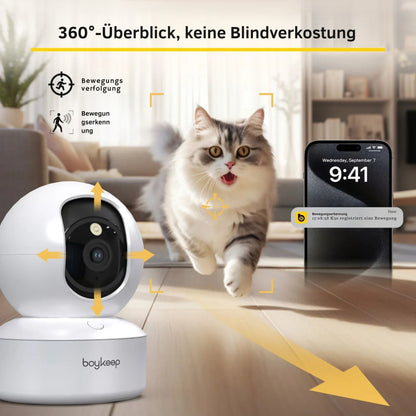 Boykeep 2K Smart Haustierkamera mit App-Steuerung | 360° Indoor Hund- & Baby-Monitor mit Nachtsicht
