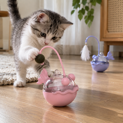 Katzen-Stehauffigur – Futterspender mit Katzenminze & Feder