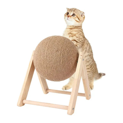 Kratzball für Katzen – 360° drehbar auf stabilem Holzsockel