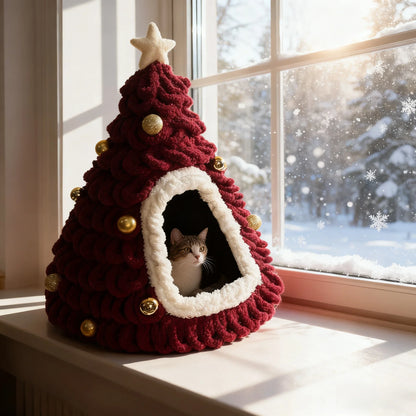 Katzenhöhle im Weihnachtsbaum-Look & Kuschelbett