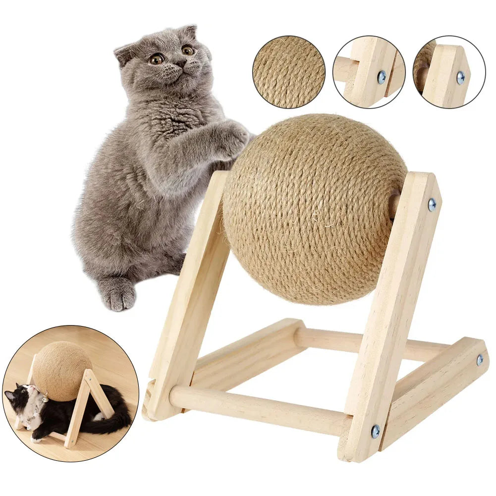 Kratzball für Katzen – 360° drehbar auf stabilem Holzsockel