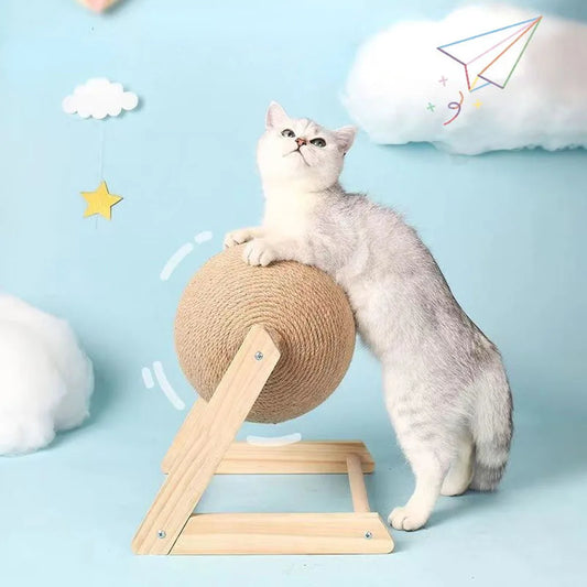 Kratzball für Katzen – 360° drehbar auf stabilem Holzsockel