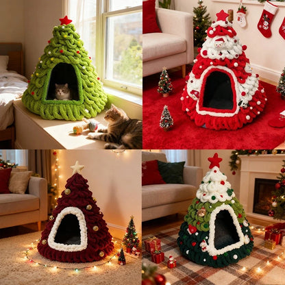 Katzenhöhle im Weihnachtsbaum-Look & Kuschelbett