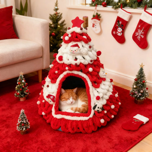 Katzenhöhle im Weihnachtsbaum-Look & Kuschelbett