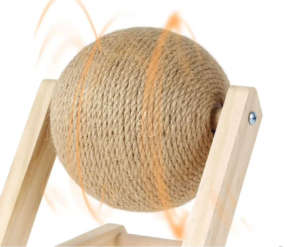 Kratzball für Katzen – 360° drehbar auf stabilem Holzsockel